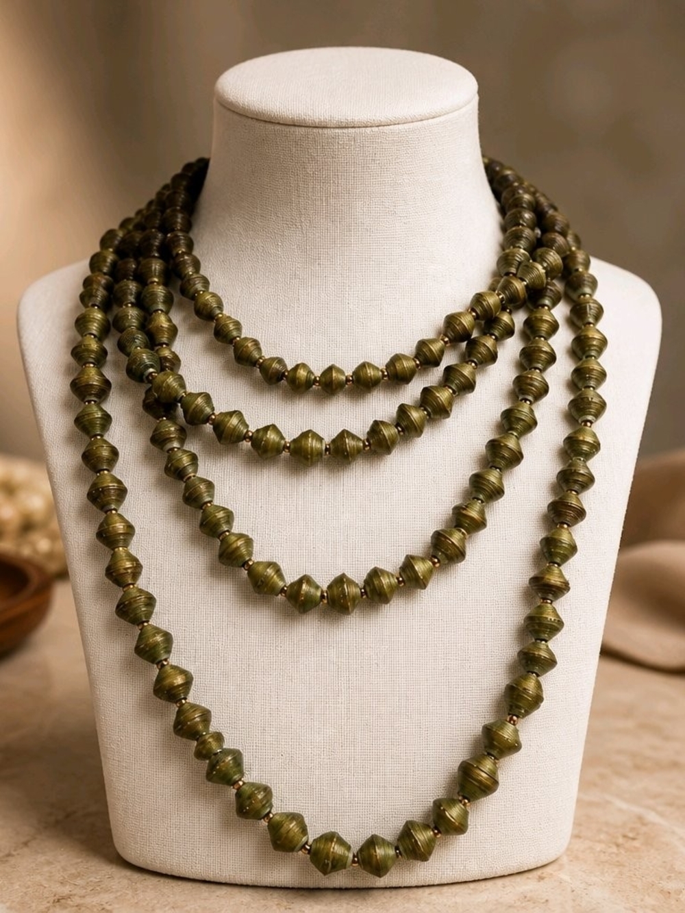 Handmade Olive Green Paper Bead Layered Necklace 28"- #c61